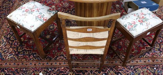 Two George III mahogany stools and an elm rush seated ladderback chair (3)